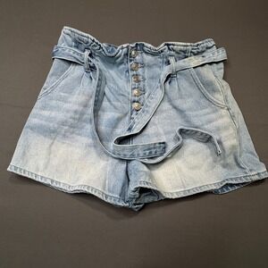 American Eagle High Rise Paperbag Denim Shorts Light Wash Belted Button Fly 10